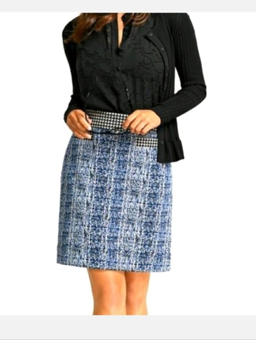 Cabi Blue Woven Tweed A-Line Skirt with Houndstooth Trim Size 6